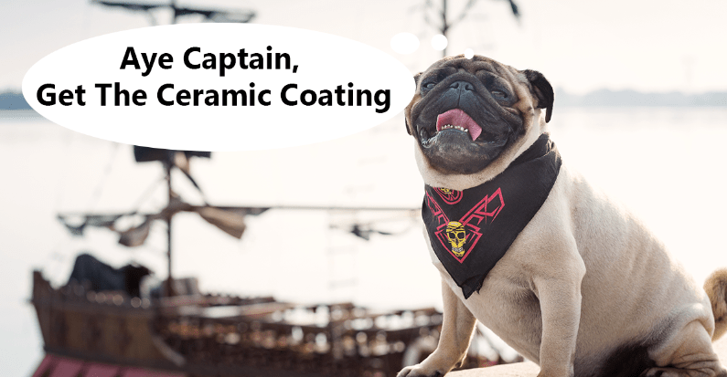 A pug with a pirate bandana's speech bubble reads "Aye Captain, Get the Ceramic Coating."