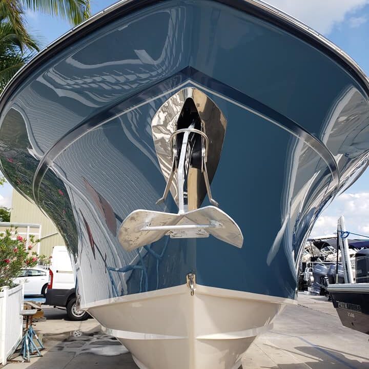 The glossy, clean hull of a ship